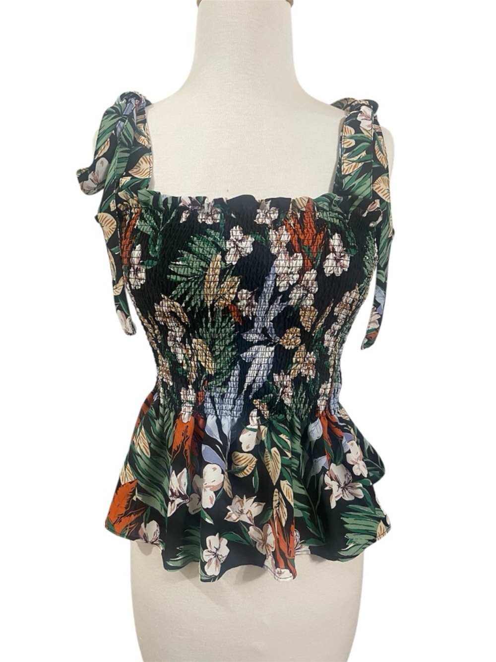 Rachel Zoe Black Tropical Floral Smocked Peplum Tie-Strap Top
